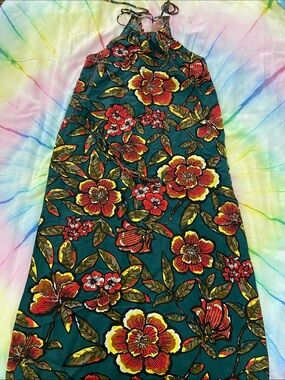 LOFT Teal Maxi Dress with Red & Yellow Floral Print